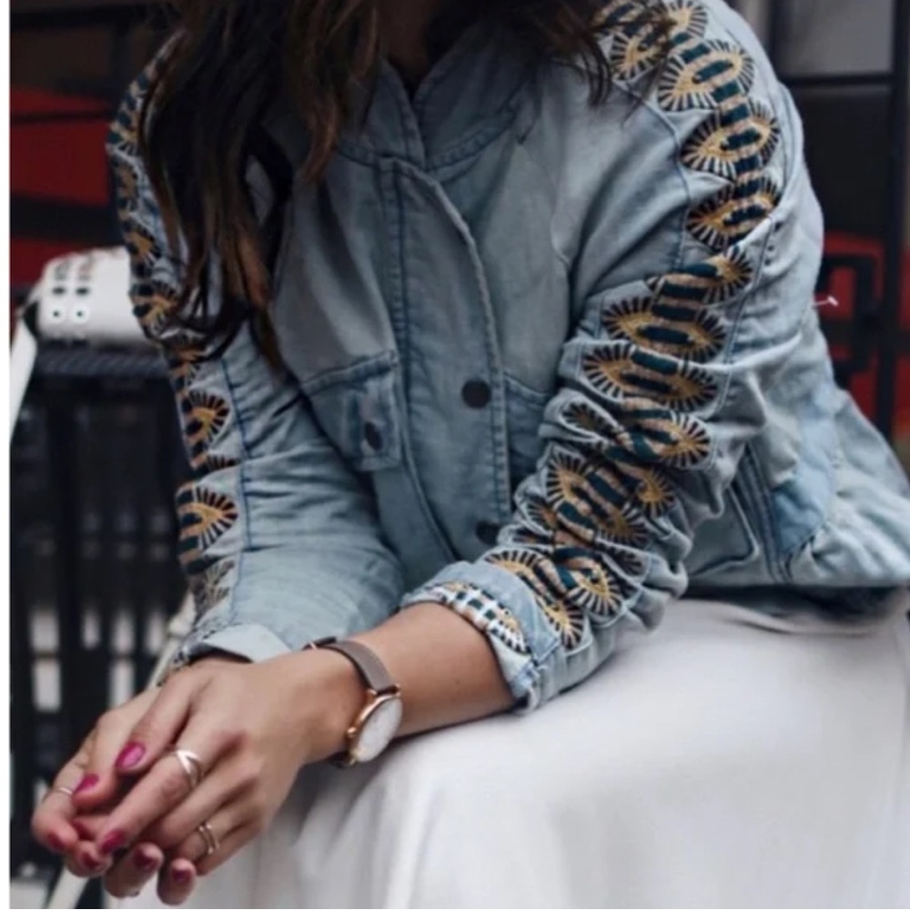 Free People Blue Jean Jacket with Gold Embroidery